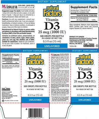 Photo of the Natural Factors Vitamin D3 25 mcg Unflavored label
