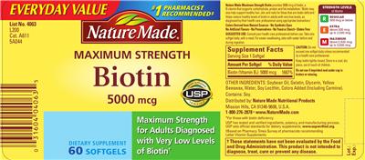 Photo of the Nature Made Maximum Strength Biotin 5,000 mcg label