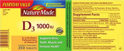 Photo of the Nature Made D3 1000 IU label