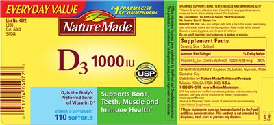 Photo of the Nature Made D3 1000 IU label