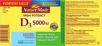 Photo of the Nature Made High Potency D3 5000 IU label