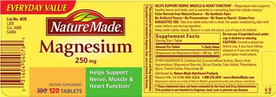 Photo of the Nature Made Magnesium 250 mg label