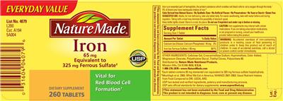 Photo of the Nature Made Iron 65 mg label