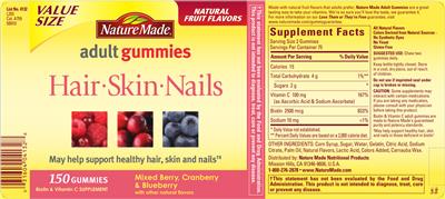 Photo of the Nature Made Hair-Skin-Nails Adult Gummies label