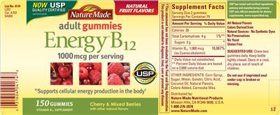 Photo of the Nature Made Energy B12 Adult Gummies 1000 mcg label