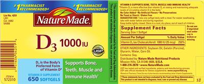 Photo of the Nature Made D3 1000 IU label