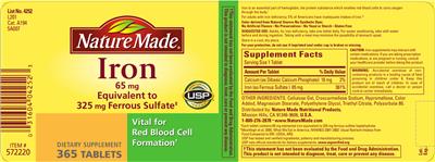 Photo of the Nature Made Iron 65 mg label