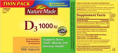 Photo of the Nature Made D3 1000 IU label