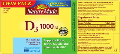 Photo of the Nature Made D3 1000 IU label