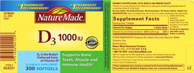 Photo of the Nature Made D3 1000 IU label