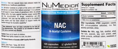 Photo of the NuMedica NAC N-Acetyl Cysteine label