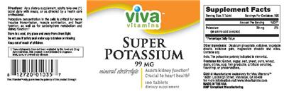 Photo of the Viva Vitamins Super Potassium 99 mg label