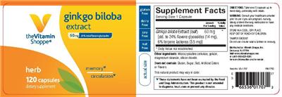 Photo of the The Vitamin Shoppe Ginkgo Biloba Extract 60 mg label