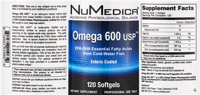 Photo of the NuMedica Omega 600 USP label