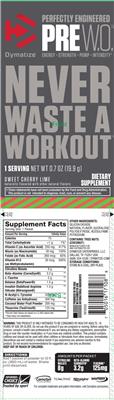 Photo of the Dymatize Pre W.O. Sweet Cherry Lime label