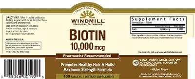 Photo of the Windmill Natural Vitamins Biotin 10,000 mcg label