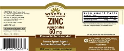 Photo of the Windmill Natural Vitamins Zinc (Gluconate) 50 mg label