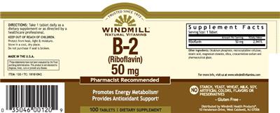 Photo of the Windmill Natural Vitamins B-2 (Riboflavin) 50 mg label