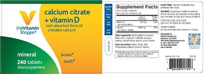Photo of the The Vitamin Shoppe Calcium Citrate + Vitamin D label