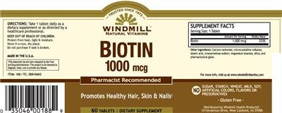Photo of the Windmill Natural Vitamins Biotin 1000 mcg label