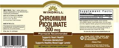 Photo of the Windmill Natural Vitamins Chromium Picolinate 200 mcg label