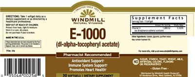 Photo of the Windmill Natural Vitamins E-1000 (DL-Alpha-Tocopheryl Acetate) label