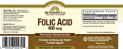 Photo of the Windmill Natural Vitamins Folic Acid 400 mcg label