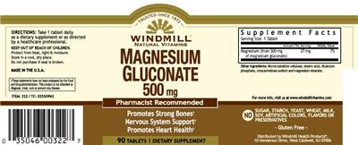 Photo of the Windmill Natural Vitamins Magnesium Gluconate 500 mg label