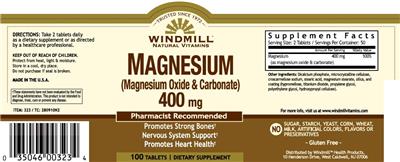 Photo of the Windmill Natural Vitamins Magnesium (Magnesium Oxide & Carbonate) 400 mg label