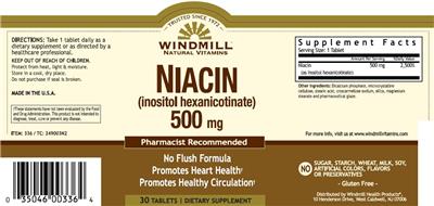 Photo of the Windmill Natural Vitamins Niacin (Inositol Hexanicotinate) 500 mg label