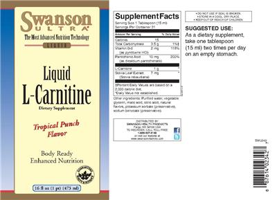Photo of the Swanson Ultra Liquid L-Carnitine Tropical Punch Flavor label