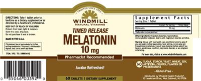 Photo of the Windmill Natural Vitamins Timed Release Melatonin 10 mg label