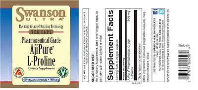 Photo of the Swanson Ultra Pharmaceutical Grade AjiPure L-Proline 500 mg label