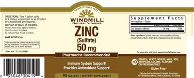 Photo of the Windmill Natural Vitamins Zinc (Sulfate) 50 mg label