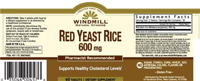 Photo of the Windmill Natural Vitamins Red Yeast Rice 600 mg label