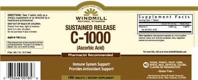 Photo of the Windmill Natural Vitamins Sustained Release C-1000 (Ascorbic Acid) label