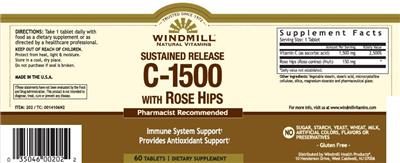 Photo of the Windmill Natural Vitamins Sustained Release C-1500 with Rose Hips label