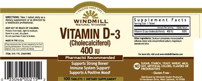 Photo of the Windmill Natural Vitamins Vitamin D-3 (Cholecalciferol) 400 IU label