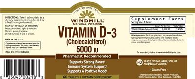 Photo of the Windmill Natural Vitamins Vitamin D-3 (Cholecalciferol) 5000 IU label