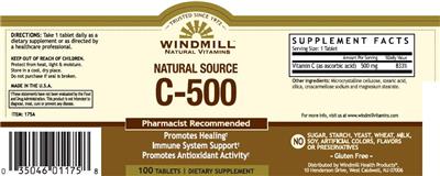 Photo of the Windmill Natural Vitamins Natural Source C-500 label