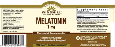 Photo of the Windmill Natural Vitamins Melatonin 1 mg label