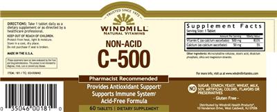Photo of the Windmill Natural Vitamins Non-Acid C-500 label