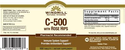 Photo of the Windmill Natural Vitamins C-500 with Rose Hips label