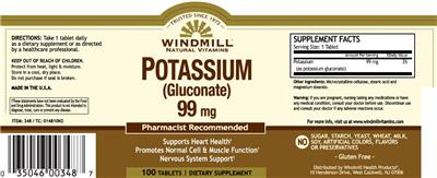 Photo of the Windmill Natural Vitamins Potassium (Gluconate) 99 mg label