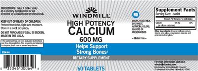 Photo of the Windmill High Potency Calcium 600 mg label