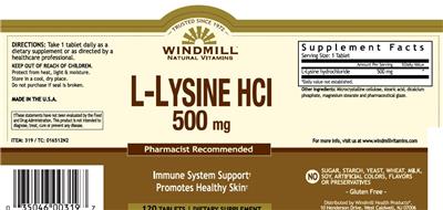 Photo of the Windmill Natural Vitamins L-Lysine HCl 500 mg label