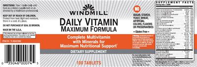 Photo of the Windmill Daily Vitamin Maximum Formula label