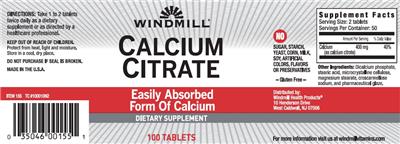 Photo of the Windmill Calcium Citrate label