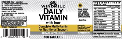 Photo of the Windmill Daily Vitamin with Iron label