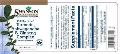 Photo of the Swanson Premium Brand Full Spectrum Turmeric, Ashwagandha & Ginseng Complex label